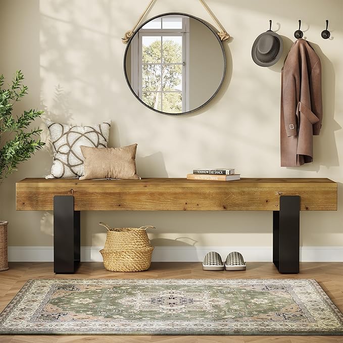 TRIBEWOOD Solid Wooden Entryway Bench, 63" Farmhouse Indoor Shoe Bench with Metal Legs, Industrial Long End of Bed Stool with Seating for Entry, Hallway, Porch, Living Room, Mudroom, Easy Assembly