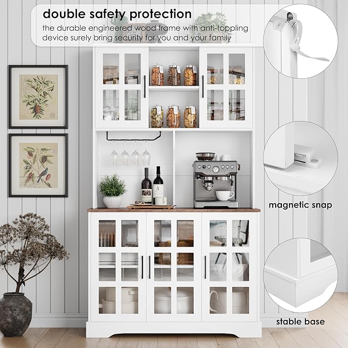 Keyluv Kitchen Pantry Storage Cabinet 71" Tall Freestanding Pantry Cabinet, Farmhouse Glass Door Buffet with Oven Countertop, Large Wood Hutch for Kitchen, Living Room and Dining Room, White