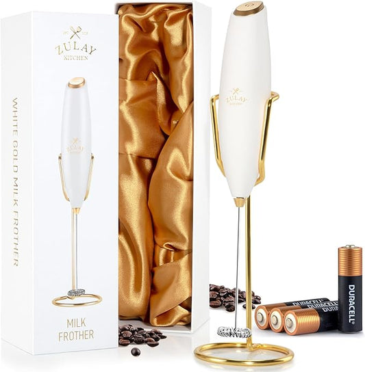 Zulay Kitchen Executive Series Luxury Gift Milk Frother with 4 Duracell Batteries ??Handheld Electric Foam Maker for Coffee, Lattes & Hot Chocolate ??Deluxe Finish, Ultimate Gift for Coffee Lovers