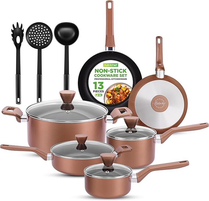 NutriChef Kitchenware Pots & Pans - Stylish Kitchen Cookware Set, Non-Stick (13-Piece Set), Brown, One Size, (NCCWA13BR.5)