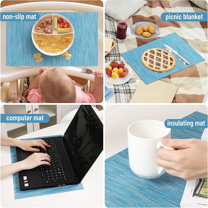 Blue Placemats Set of 6 Washable Place Mats PVC Vinyl Woven Table Mats for Dining Table Durable Heat Resistant Non-Slip Size 12 x 17 Inch