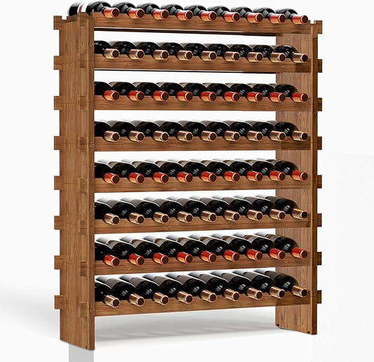 VASMIA Bamboo Stackable Wine Rack,72 Bottles Wine Rack Freestanding Floor,No Tools Assembly,8-Tier Display Wine Storage Shelf for Kitchen, Bar, Dining Room,Cellar,Walnut