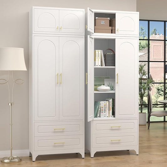 Kitchen Pantry Cabinet竊?0" Storage Cabinets with Doors and Shelves,Metal Pantry Cabinet with 2 Drawers,White Kitchen Cupboard for Livingroom,Pantry, Bathroom