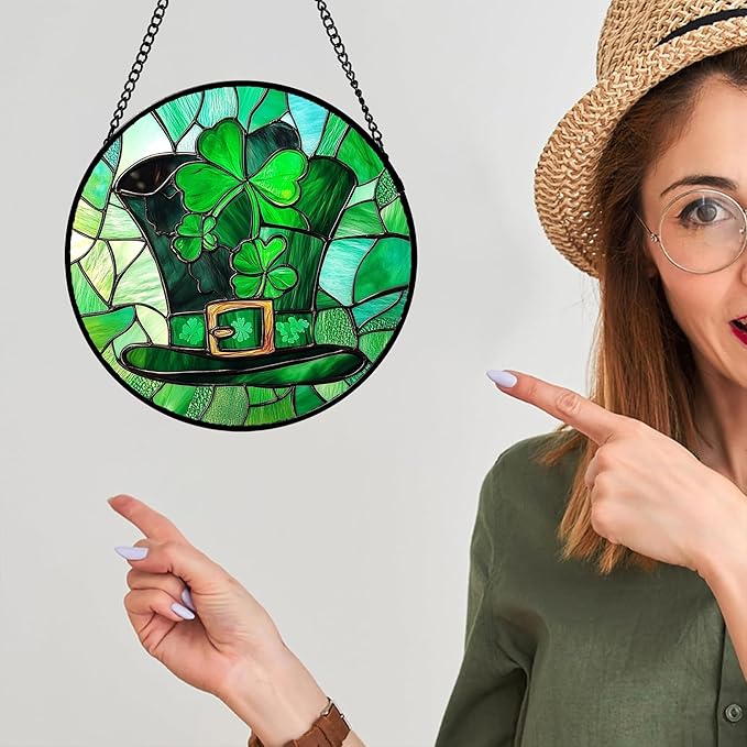 Stained Glass Window Hanging Green Lucky Clover Hat Large 15" - Suncatcher Door Garden Sun Catcher Ireland Decor Birthday Mother's St. Ripack's Day Gift for Woman Mom Men Friend Nana Wife