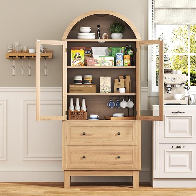 Arched Cabinet with Glass Doors, 71" Tall Freestanding Pantry Cabinet with 2 Large Drawers and Adjustable Shelf, Farmhouse Wood Storage Cabinets, Versatile Cupboard for Kitchen, Dining Room, Natural