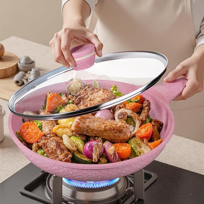 11 Inch Non Stick Frying Pans with Lid - 100% PFOA PFAS Free, Super Nonstick, All Stovetop Compatible Induction Gas Electric, Omelette & Egg Pan, Dishwasher Safe, Eco-Friendly Pink Pan