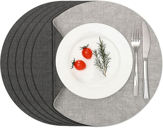 Myir JUN Reversible Vinyl Round Placemats Set of 6, Faux Leather Place Mats Dual Sided Waterproof Oilproof Wipeable, Heat-Resistant Table Mats for Kitchen Dining Indoor Outdoor (14", Light Gray Gray)
