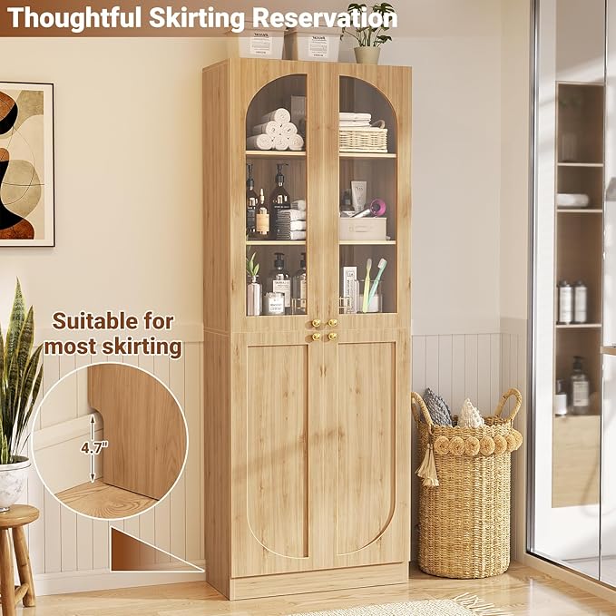 Cyclysio 80" Kitchen Pantry Cabinet, Tall Arch Storage Cabinet with Glass Doors, Freestanding Wood Floor Cupboard Bookcase with Seamless Fit Wall for Dining Room, Living Room, Bathroom (Natural)