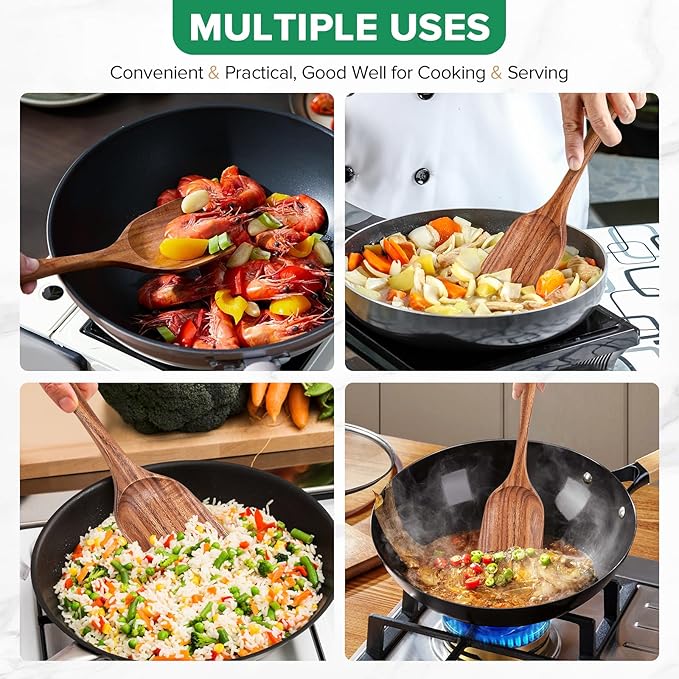 Teak Wood Spatula for Cooking, Wooden Kitchen Cooking Utensil, Large Long Handle Solid Wok Spatula Flipper with Raised Sides for Serving Scooping Frying Mixing Stirring Eggs Beans,Non-Toxic,13.4??1Pk