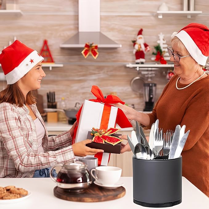 Silverware Organizer Kitchen Utensil Holder 360째Rotating For Counter Organizer Stainless Steel Storage Silverware Caddy 3 Compartment Flatware Spoon Spatula Tool Cutlery Container(Grey)