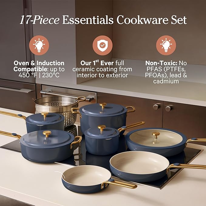 Our Place 17-Piece Essentials Complete Cookware Set - Ceramic Fry Pans, Saucepans, Saut챕 Pan, Stock Pot, Strainer Basket & Modular Storage | Thermakind??Nonstick, Oven Safe up to 450째F | Blue Salt