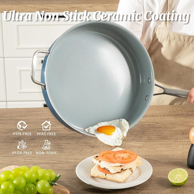 Nonstick Saut챕 Pan with Lid 5 QT Deep Frying Pan with Stainless Steel Helper Handle 12 inch Large Skillet Ceramic Jumbo Cooker for Healthy Cooking, Induction Compatible Cookware, PFOA Free