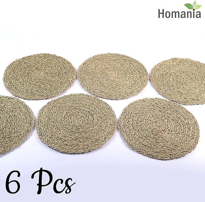 Table Mats Set of 6, Round Seagrass Placemats, Rattan Chargers for Dinner Plates, Place Mats, Charger Plates, Wicker Chargers for Dinner Plates, Manteles Individuales De Mesa, Diameter 11.8 in
