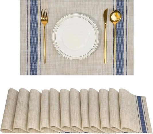 flohar Placemats Set of 12竊똍on-Slip PVC Weave Table Mats Easy to Clean竊똇eat Resistant Place Mats for Kitchen Dining Table Decoration Indoor Outdoor竊똊haki Blue