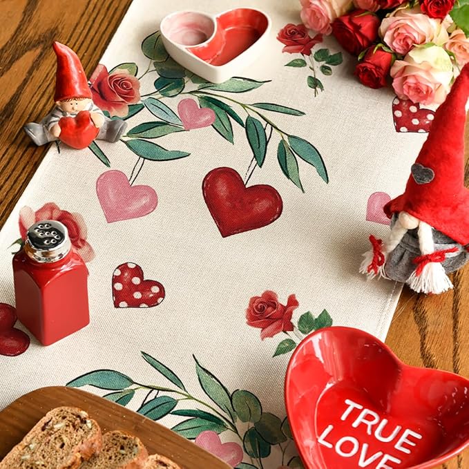Artoid Mode Red Roses Flowers Eucalyptus Valentine's Table Runner, Wedding Kitchen Dining Table Decoration for Home Party Decor 13x48 Inch