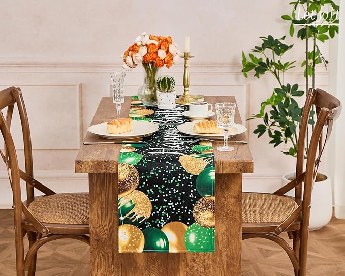 Letjolt Golden Green Balloon Happy Birthday Table Runner 72 Inches Celebrate Birthday Party Table Decor