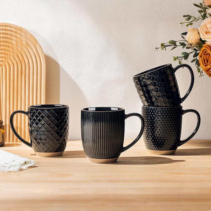 GBhome Large Coffee Mugs Set of 4, 16oz Handmade Embossed Coffee Mugs Set with Large Handle for Cappuccino/Latte/Tea/Hot Cocoa, Dishwasher & Microwave Safe, Black