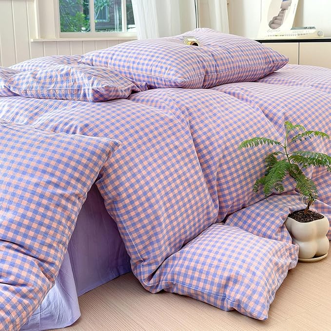 LifeTB Twin XL Comforter Set Purple Gingham Comforter with 2 Pillowcases Purple Pink Grid Plaid Comforter Set for Girls Women Fluffy Soft Lightweight Bedding Set Fluffy Checkered Comforter Twin XL