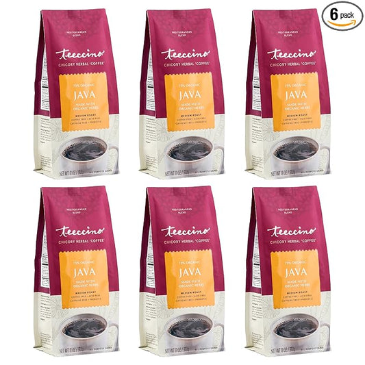 Teeccino Java Chicory Coffee Alternative - Ground Herbal Coffee That?™s Prebiotic, Caffeine Free & Acid Free, Medium Roast, 11 Ounce (Pack of 6)