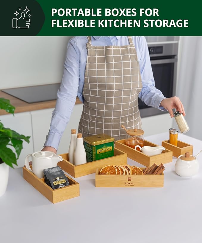 ROYAL CRAFT WOOD 5-Piece Bamboo Drawer Organizer Set ??Multi-Use Storage Trays for Kitchen, Bathroom, Office, Makeup, Jewelry & More ??Junk Drawer Tray, Utensil Holder, Storage Box & Bin Set (5 Boxes)