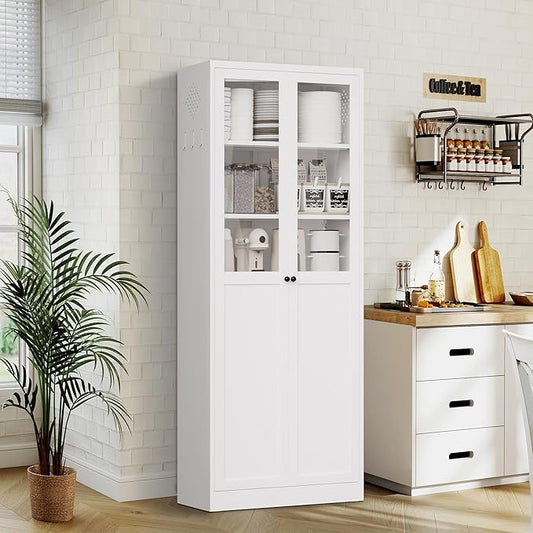 72" Tall Kitchen Pantry Cabinet,White Metal Pantry Cabinet with 2 Doors & 5 Adjustable Shelves,Utility Storage Cabinet Rust-Resistant for Living Room,Dining Room,Bathroom,Garage,Basement