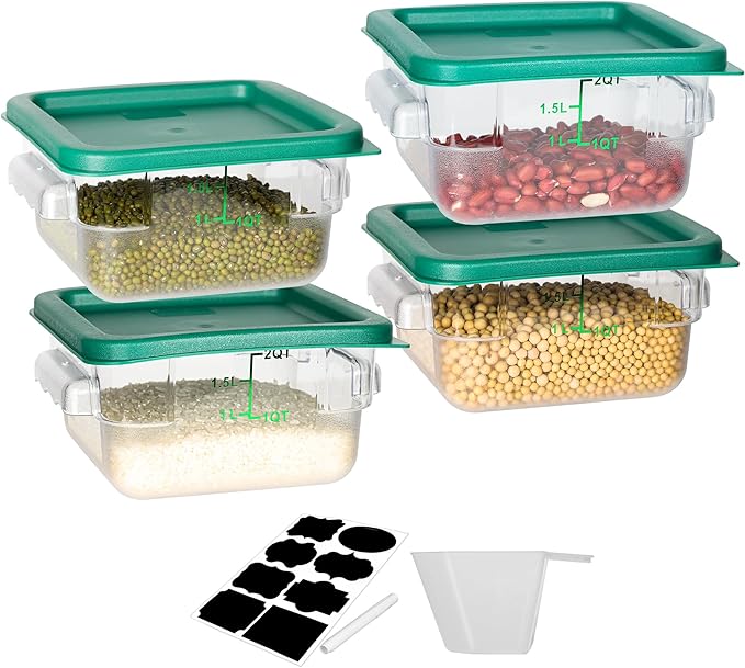 4 Pack Food Storage Containers, 2 Quart with Lids, Square Commercial Containers with Scale, NSF, Polycarbonate, Clear