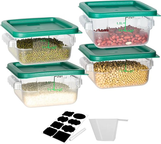 4 Pack Food Storage Containers, 2 Quart with Lids, Square Commercial Containers with Scale, NSF, Polycarbonate, Clear