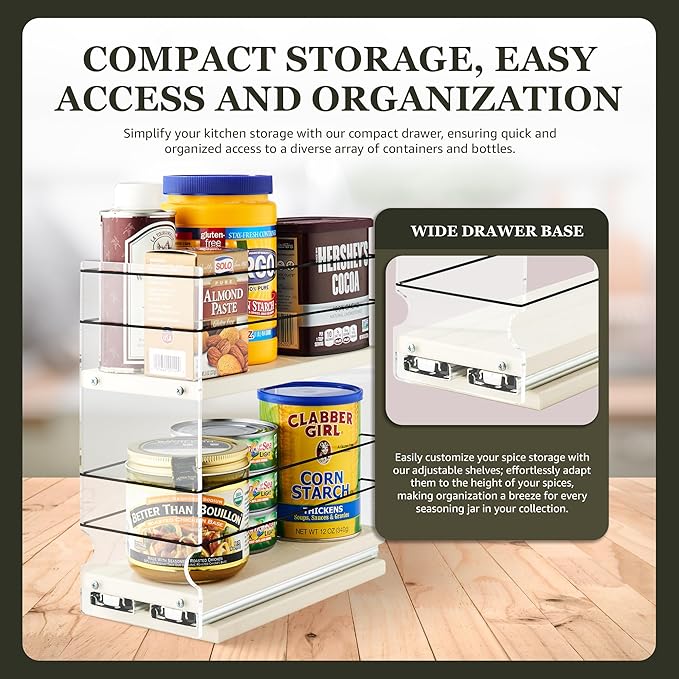 Vertical Spice - Sliding Spice Rack - Pull Out Spice Rack for Inside Cabinets, Sliding Shelves, Rack for Kitchen Cabinets - Made in USA - 2 Tier - 10.6" D x 4.6" W x 10.75" H(Cream, Fully Assembled)
