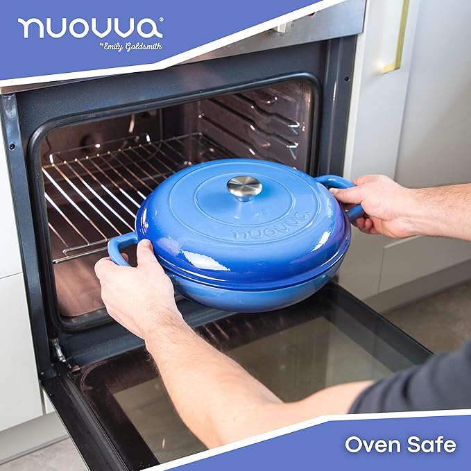 Cast Iron Dutch Oven with Lid ??Non Stick Shallow Dutch Oven Pot, Oven Safe up to 500째 F ??Sturdy Cooking Pot ??Enamelled Stockpot Cookware ??Dark Blue, 3.7-Quart, 30cm ??by Nuovva