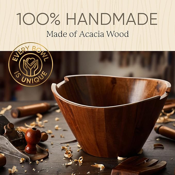 Night Tree Large wooden salad bowl with serving forks mixing, wood salad bowl set for food or fruits, magnetic utensils fit for 6?? servings, ideal to family meals or as a unique gift