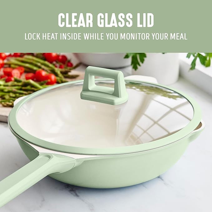 GreenLife Nonstick 12??(5QT) All in One Deep Skillet Wok with Lid, PFAS-Free Non-Toxic Ceramic Multi-Purpose Pan, Induction, All Stovetop, Egg, Stir Fry, Saute, Stay Cool Handle, Sage Green