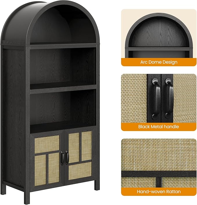 RoyalCraft Arched Rattan Storage Cabinet Set of 2, 70" Tall Boho Kitchen Pantry Display Cabinet with 2 Doors, Farmhouse Bookshelf Cupboard for Living Room Kitchen, Dining Room, Black