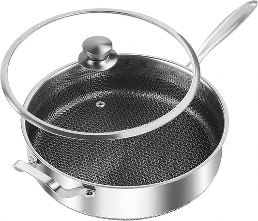 Frying Pans Nonstick wih Lid, Non Stick Tri-Ply Stainless Steel Saute Pan, 8 Quarts Large Saut챕 Pan, 13.5 Inch Induction Cooking Pan, Dishwasher and Oven Safe, PFOA Free