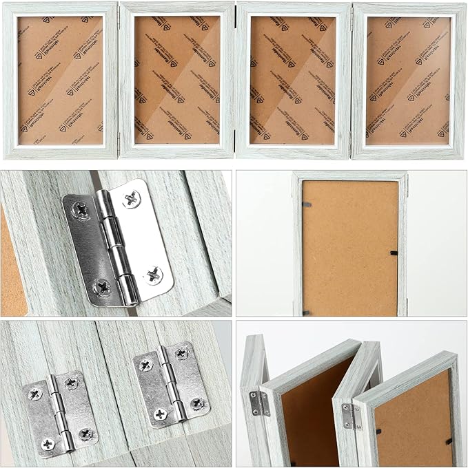POILKMNI 4 Folding 4x6 Inch Hinged Picture Frame, High Definition Natural Wood Picture Frame, Rustic Desktop Acrylic Frame Family Photo Collage for Birthday Father's Day Christmas Gifts