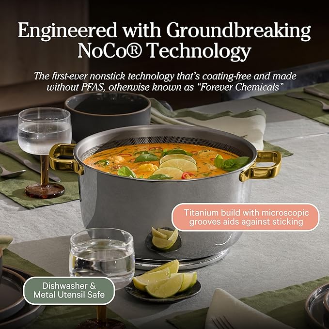 Our Place Titanium Perfect Pot Pro | 6.75 Qt Stock Pot with Lid & Silicone Spoon | PFAS-Free Nonstick, Fully-Clad Tri-Ply Stainless Steel & Aluminum | Induction & Oven-Safe up to 750째F | Gold