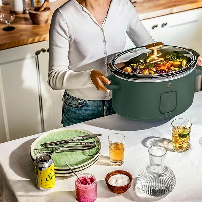 Beautiful 6 Quart Programmable Slow Cooker, 5 Cooking Presets, Digital Countdown Timer, Dishwasher Safe Parts by Drew Barrymore (Thyme Green)