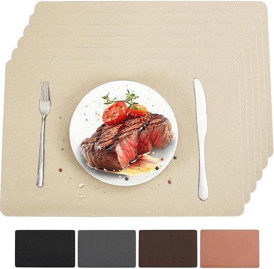 Bxzandya Vinyl Placemats Set of 6 Heat Resistant Easy Clean Non-Slip Place Mats for Dining Table Faux Leather Waterproof Stain Resistant Wipeable Washable PVC Table Mats(6, Beige)