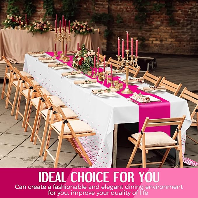 Tudomro 16 Pieces White and Hot Pink Disposable Plastic Tablecloths and Satin Table Runner Set 54x108 Inch Tablecloth 12x108 Inch Table Runners for New Year Wedding Birthday Baby Shower Graduation