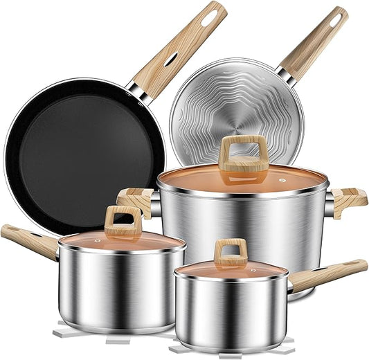 13-Piece Stainless Steel Cookware Set with Nonstick Frying Pans, Sauce Pots & Stock Pot, Heavy Duty Pots and Pans Set, Induction Cookware, Easy to Clean