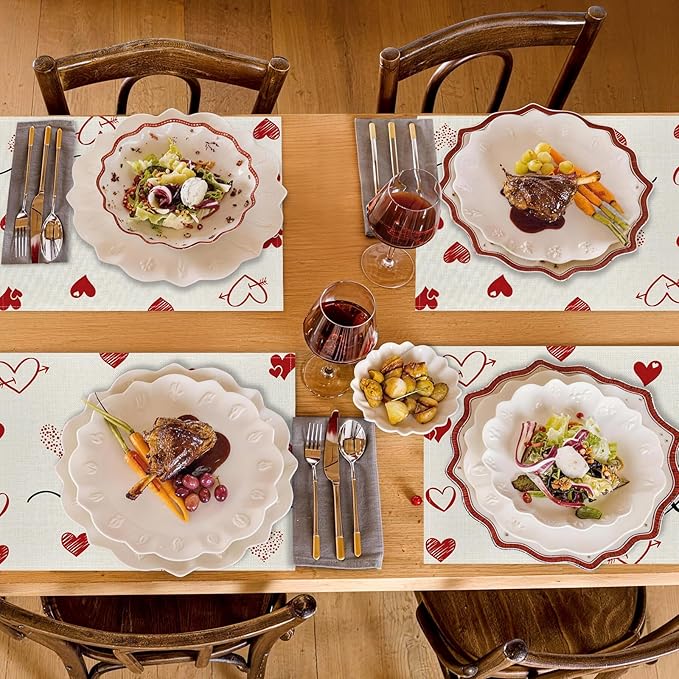 Valentine Placemats Set of 4, 12x18 Inch Love Hearts Table Mats, Seasonal Anniversary Holiday Valentines Day Table Decorations for Kitchen Dining Home Party Decor (White)
