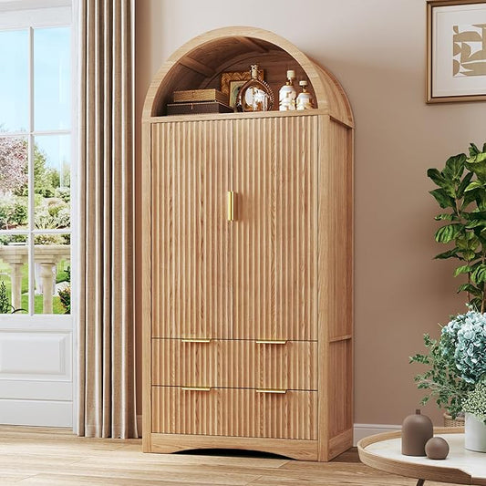 71" Tall Arched Kitchen Pantry, Fluted Pantry Cabinet with Doors, Kitchen Storage Cabinets with 2 Large Drawers and Adjustable Shelves, for Dining Room, Living Room, Natrual