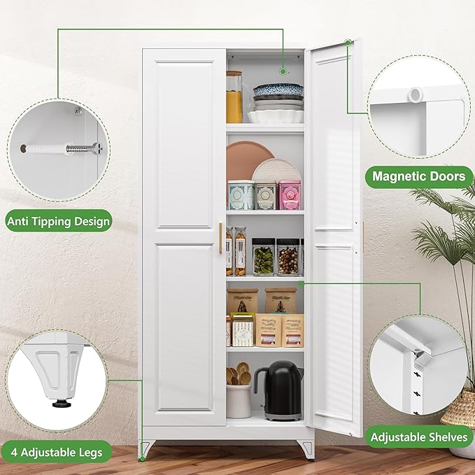 75??Metal Tall Kitchen Pantry Cabinet,Metal Storage Cabinet with Doors and Adjustable Shelves,Modern Kitchen Hutch Cabinets,Freestanding Cupboard for Dining Living Room