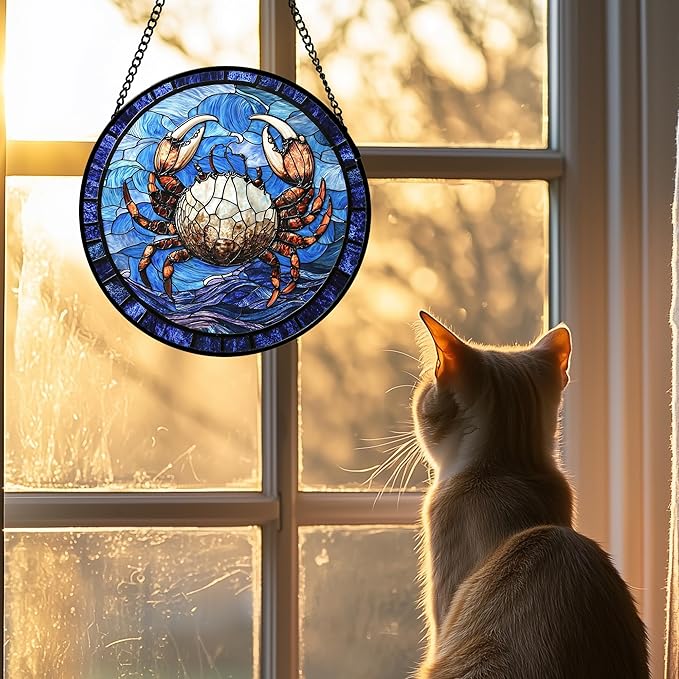 Stained Glass Window Hanging 4 Pcs Set Blue Ocean Waves 7.8" - Starfish Crab Seal Suncatcher Door Garden Sun Catcher Decor Birthday for Mom Woman Nana Men Friend