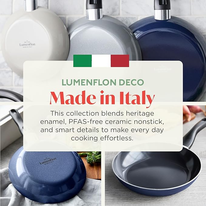 Deco 9.5??Nonstick Frying Pan Skillet, Made in Italy, Diamond Ceramic PFAS-Free, Dishwasher & Metal Utensil Safe, Durable Gloss Enamel Finish, Stay-Cool Handle, High Walls-Extra Room, Blue