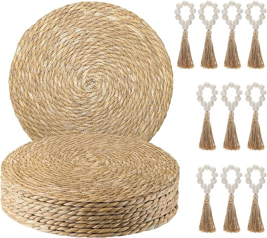 Hardcometrue Boho Woven Placemats Set of 10 with Wooden Napkin Rings, Round Charger Plates, Natural Ranttan Dinner Place Mats for Dining Table Decor - 13.8 inch
