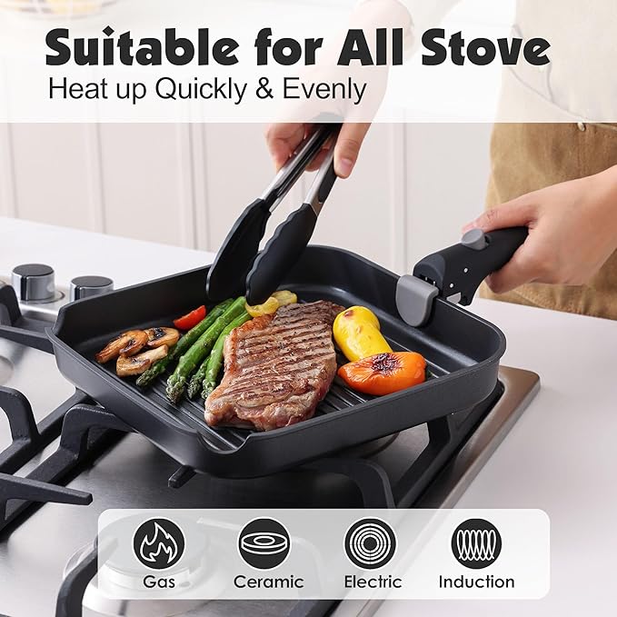 SENSARTE 17 Piece Pots and Pans Set, Nonstick Detachable Handle Cookware Set, Induction Kitchen Cookware Set with Removable Handle, Healthy Non Stick for RV, Dishwasher 竊?Oven Safe, PFOA Free (Black)