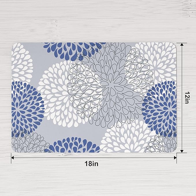 QIYI Placemats Set of 6, 12x18 Inch Faux Leather Place Mats for Kitchen Dinning, Heat Resistant Anti Slip Flower Table Mats, Waterproof Wipeable Washable Placemat Party Table D챕cor, Blue Floral Burst