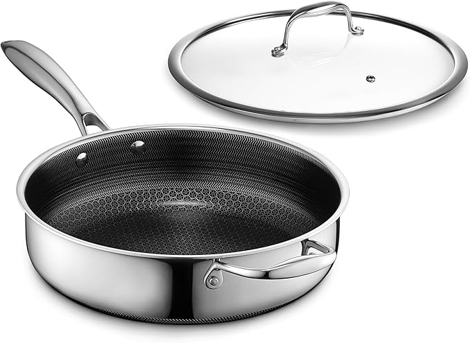 HexClad Hybrid Nonstick 3.3-Quart Deep Saut챕 Pan with Tempered Glass Lid, Stay-Cool Handle, Dishwasher-Friendly, Oven-Safe Up to 900째F, Induction Ready, Compatible with All Cooktops