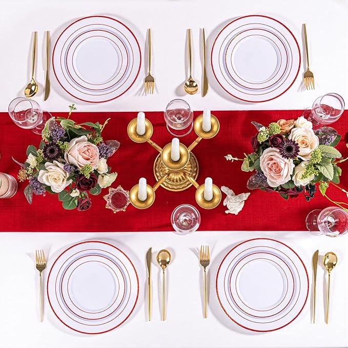 U-QE 100pcs Glitter Red Plastic Plates for Party - White and Red Plates Disposable - Nice Disposable Plates Include 50 10" Dinner and 50 7" Dessert Plate, Perfect for Party, Wedding & Special Moments