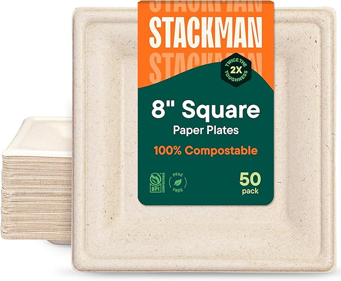 100% Compostable Square Paper Plates [50-Pack] - {PFAS-Free} - {BPI Certified} - [8 Inch] Heavy Duty, Eco-Friendly, Biodegradable Bagasse Dinner Plates - Natural Brown 8" Square Plate by Stack Man